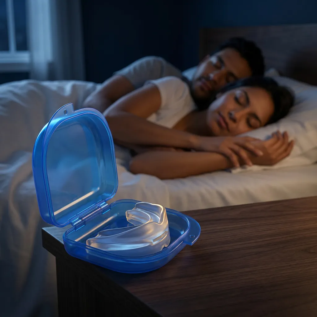 Protector bucal RONCALESS con su estuche azul sobre una mesa de noche